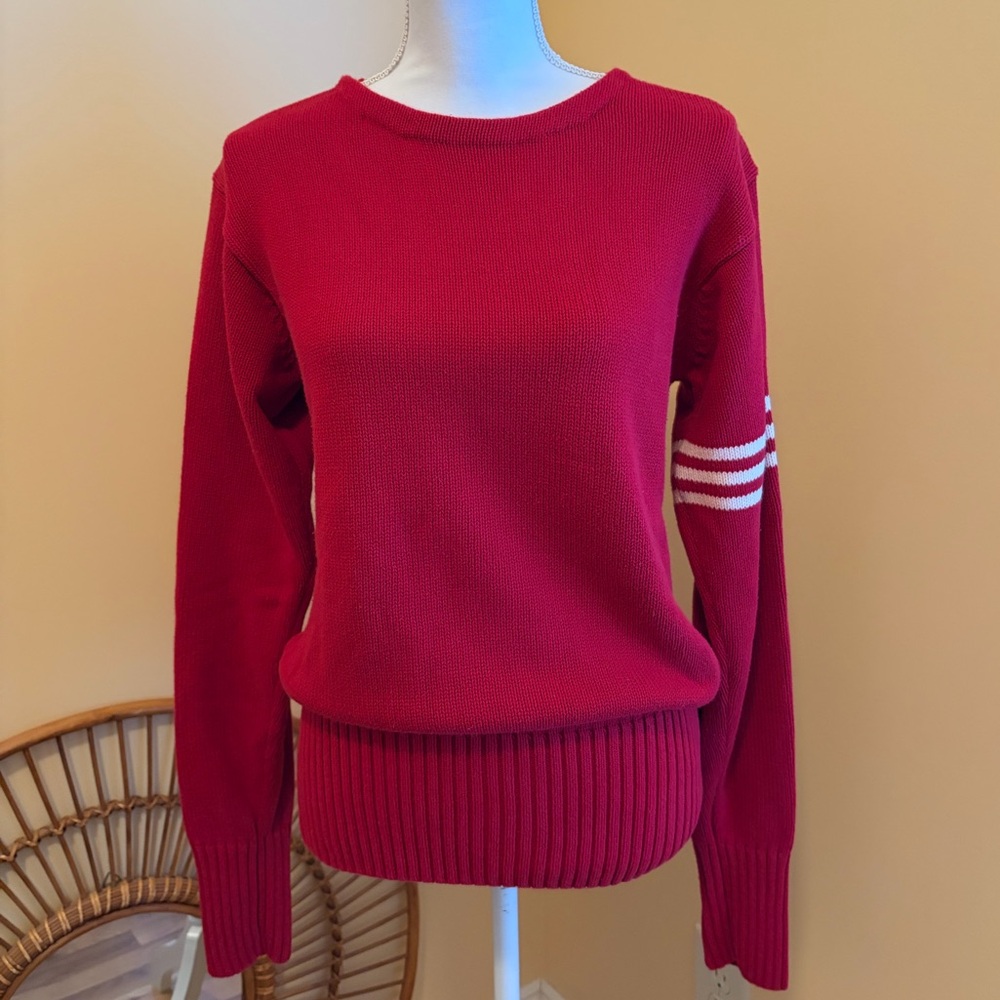 Vintage J. Peterman Women’s Red Sweater w/ Sporty Striped Sleeve Preppy 90’s EUC - Picture 2 of 11